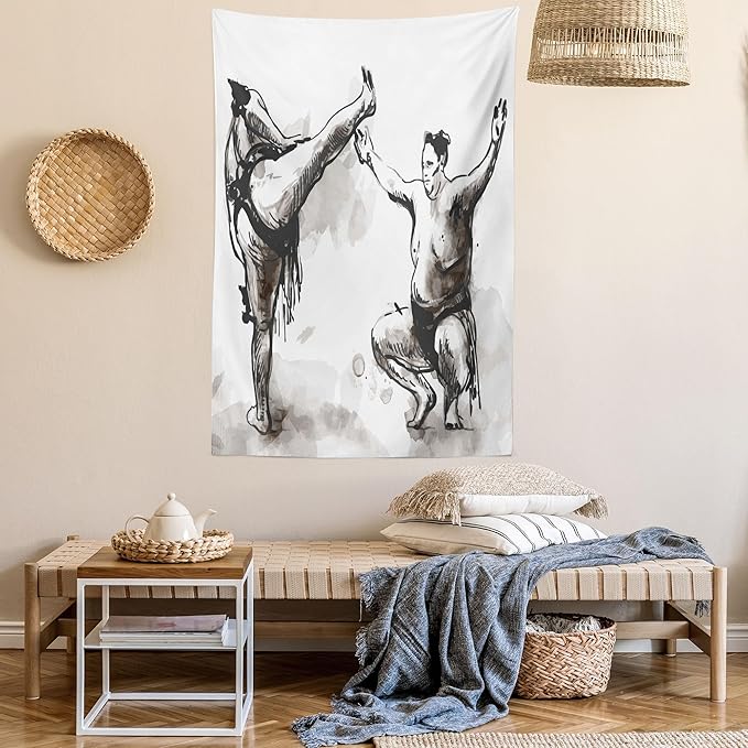Lunarable Japan Tapestry Twin Size, Sumo Martial Arts Theme in Hand Drawn Style Wrestlers Sportsmen Self Defence, Wall Hanging Bedspread Bed Cover Wall Decor, Twin Size, Black White
