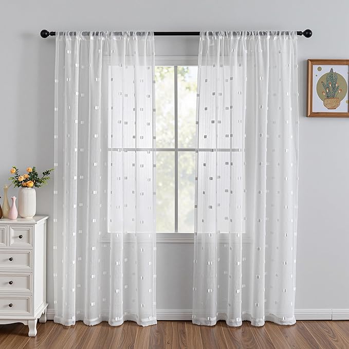 MYSKY HOME White Curtains for Bedroom 72 Inch Length Long Sheer Curtains for Kids Room Nursery Curtains with White Patched Design Rod Pocket Privacy Window Drapes Dining Room 52" x 72" 2 Panels