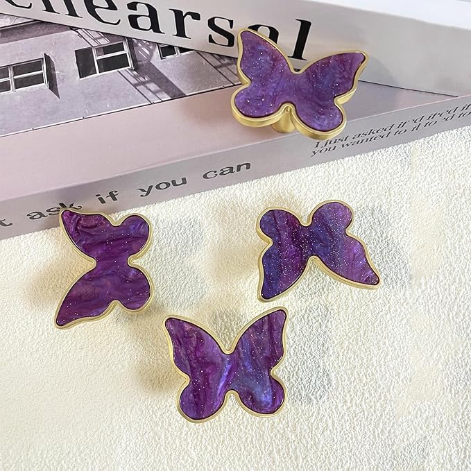 6 pcs Butterfly Shape Knobs Handle Gold Cabinet Knobs Decoration Door Handle Single Hole Handles Cabinet Drawer Dresser Kitchen Wardrobe Furniture Hardware Pulls (Purple)