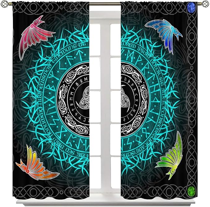 Viking Curtains Ancient Nordic Magic Rune Curtains Nordic Mythology Viking Bird Pattern Printed Curtains Bedroom Living Room Decoration Blackout Curtains W42 * L63 Inch