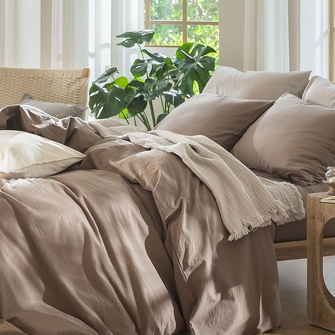 MooMee Bedding Duvet Cover Set 100% Washed Cotton Linen Like Textured Breathable Durable Soft Comfy (Solid Brown, Oversized Queen 98"x98")