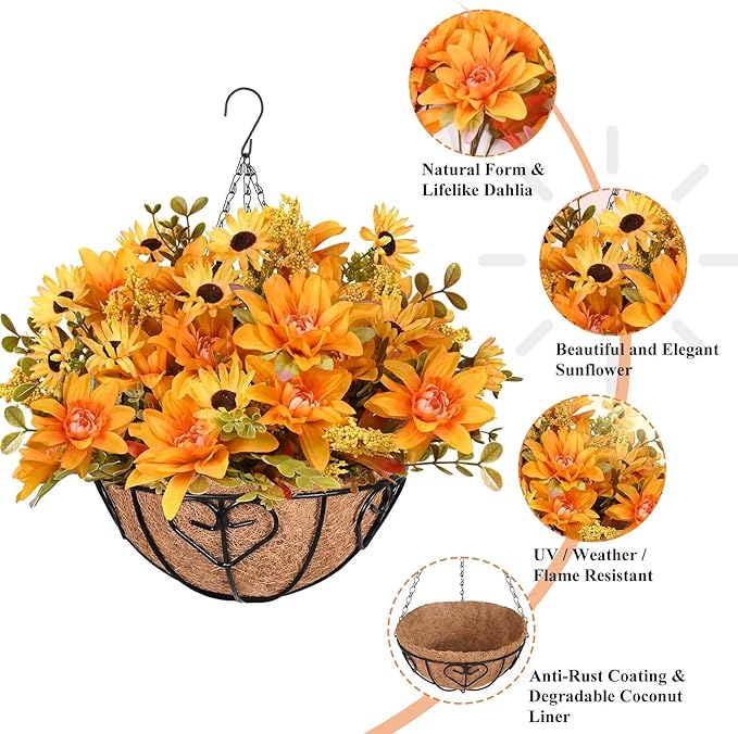 Waipfaru Artificial Fake Fall Hanging Mums Plants Flowers Basket for Outdoor, Faux Mums Floral Hanging Plant in Hang Planter Look Real UV Resistant for Porch Patio Balcony Yard Outdoor Decor (2Pcs)