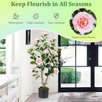 GOFLAME 3FT Artificial Camellia Tree, Faux Camellia Plant with Pink Flowers, Solid Wood Trunk, Realistic Moss, Greenery Potted Decoration Tree for Indoor Outdoor Home Porch Front Door