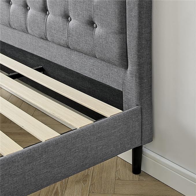 DeCoro Mornington 2.0 Upholstered Platform Bed | Headboard and Metal Frame with Wood Slat Support, Grey, King Size