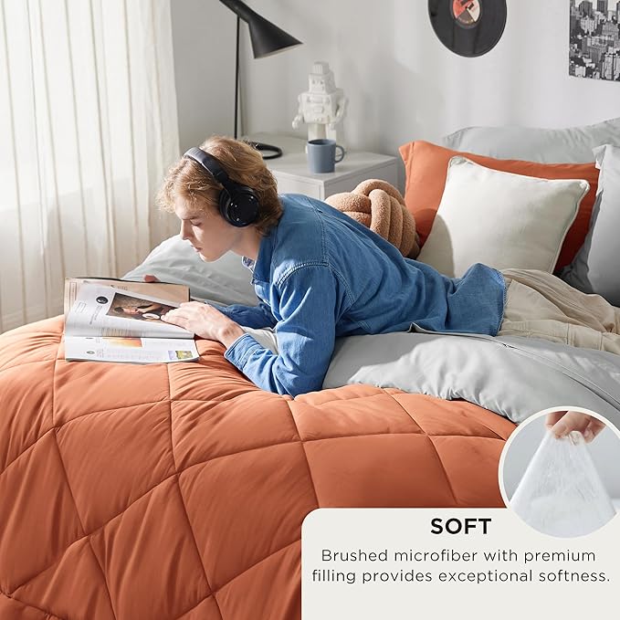 Bedsure Queen Comforter Set - 7 Pieces Reversible Burnt Orange Bedding, Queen Size Bed Set for All Seasons, Bed in a Bag with Down Alternative Comforter, Sheets, Pillowcases & Shams