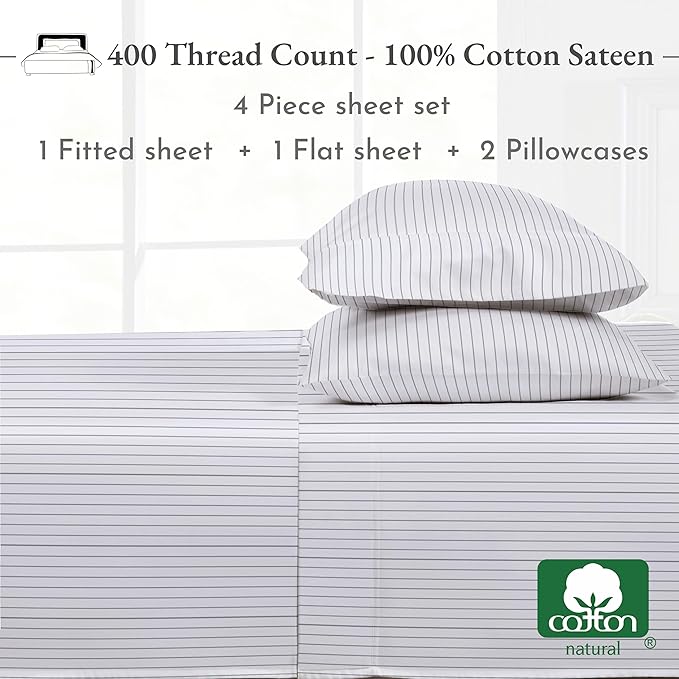 California Design Den California King Sheet Sets - 400 Thread Count Sateen, Natural 100% Cotton Sheets, Deep Pocket Cooling and Durable Bedding Set - Pinstriped