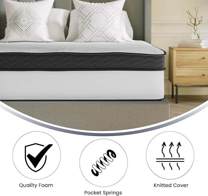 Flash Furniture Capri Comfortable Sleep 12" Hybrid Pocket Spring and Foam Mattress in a Box, Foam Pocket Spring Hybrid Mattress for Pressure Relief, Queen
