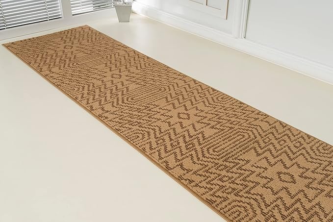 Custom Length Cut to Size Tribal Ethnic Southwestern Inspired Hallway Runner Rug, Non Slip Rubber Backed, 31 inch Wide X Customized Length, Inca Tan, 31 inch X 4 feet, Doormat Size