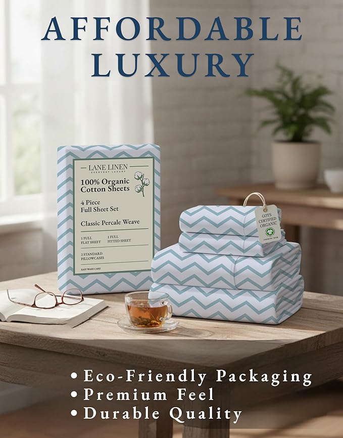 LANE LINEN 100% Organic Cotton Full Size Sheet & Pillowcase Sets, Fully Elasticized Soft & Comfy Printed Percale Bedding, Temperature Regulating Printed Cotton Sheets Full - Chevron