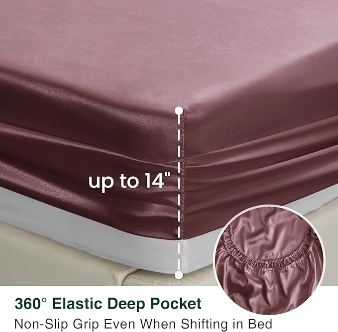 Love's cabin Satin Queen Sheets Set - 4 Piece Rose Taupe Silky Bed Sheets Set with Deep Pocket, Luxury Silk Feel Satin Queen Size Sheet Set (1 Flat Sheet,1 Fitted Sheet,2 Pillow Cases)