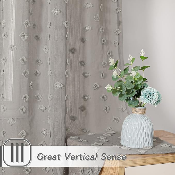 MYSKY HOME Pom Pom Grey Sheer Curtains for Bedroom Girls Room Curtains for Nursery Kids Light Filtering Boho Window Drapes, Rod Pocket, 52 x 95 Inches, 2 Panels