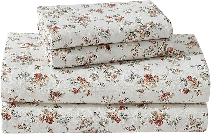 Laura Ashley - Flannel Sheets Twin Size, Anti-Pilling & Wrinkle Resistant Cotton, Touchably Soft for All-Season Comfort - Bed Sheets with Matching Pillowcase & Fitted Sheet (Le Fleur Orange)