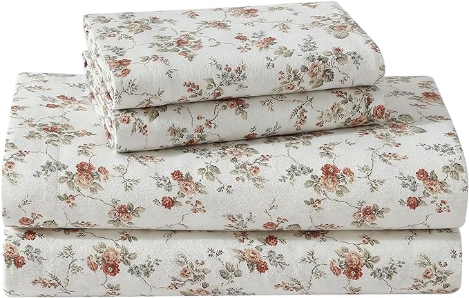 Laura Ashley - Flannel Sheets Full Size, Anti-Pilling & Wrinkle Resistant Cotton, Touchably Soft for All-Season Comfort - Bed Sheets with Matching Pillowcases & Fitted Sheet (Le Fleur Orange)