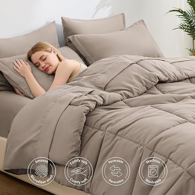 Love's cabin Queen Comforter Set Light Brown, 7 Pieces Queen Bed in a Bag, All Season Bedding Sets with 1 Comforter, 1 Flat Sheet, 1 Fitted Sheet, 2 Pillowcase and 2 Pillow Sham