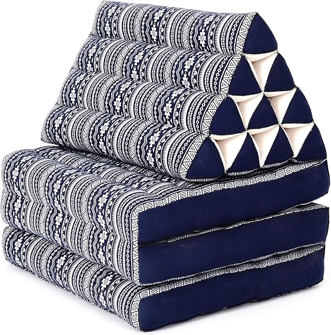 Leewadee - Comfortable Japanese Floor Mattress - Thai Floor Bed with Triangle Cushion - Futon Mattress - Thai Massage Mat, 67 x 21 inches, Blue White, Kapok Filling