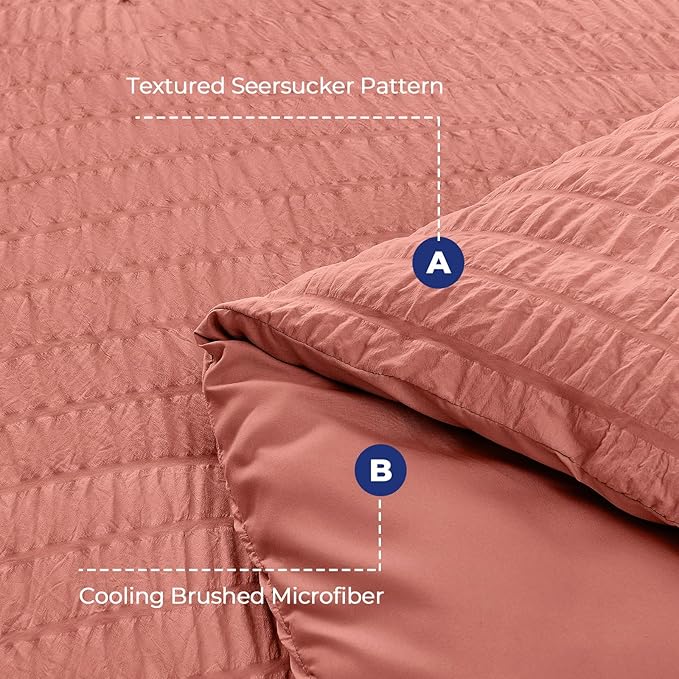 HYMOKEGE Coral Queen Comforter Set Seersucker 7 Pieces, All Season Luxury Bed in a Bag Queen for Bedroom, Bedding Set with Comforter, Sheets, Pillowcases & Shams