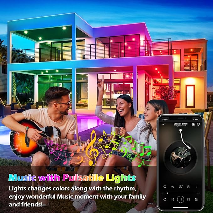 FBZ 60Ft Outdoor Waterproof LED Strip Lights,Music Sync RGB IP65 Led Lights with App Control and Remote,Color Changing Waterproof Led Rope Lights for Outdoor,Balcony,Roof,Garden,Stairs Party (60FT)