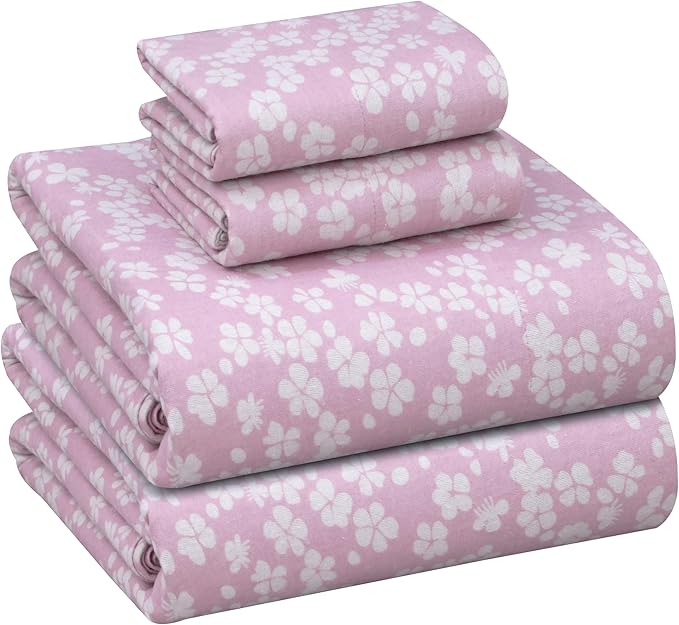 RUVANTI Flannel Sheets King Size - 100% Cotton Brushed King Size Sheets Set - Deep Pockets 16 Inches Bed Sheets - All Seasons Breathable & Extra Soft - Warm & Cozy, 4 Piece, Pink Flora