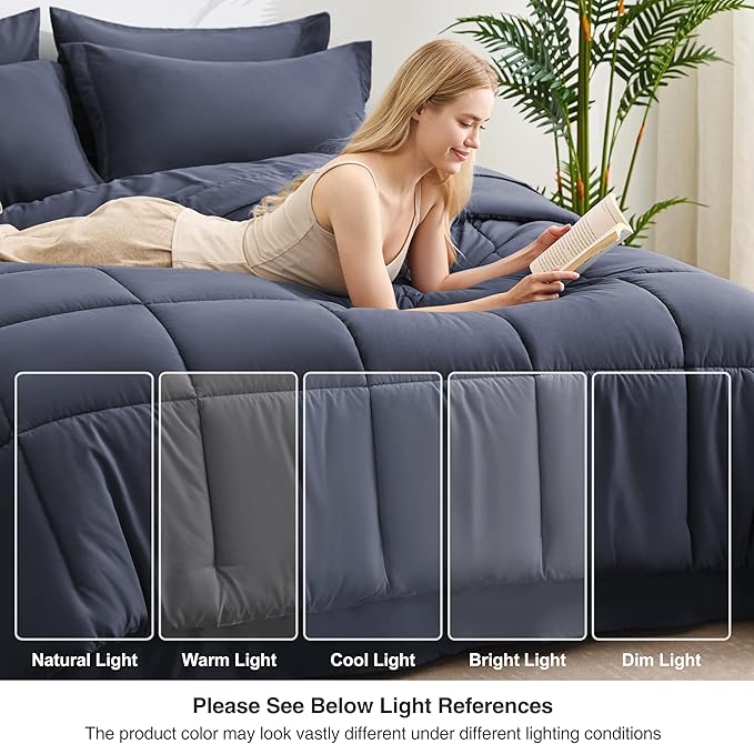 Love's cabin California King Comforter Set Indigo Blue, 7 Pieces California King Bed in a Bag, All Season Bedding Sets with 1 Comforter, 1 Flat Sheet, 1 Fitted Sheet, 2 Pillowcase and 2 Pillow Sham