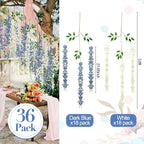 Giegxin 36 Pcs Artificial Wisteria Hanging Flowers 3.6 ft Artificial Fake Wisteria Vine Rattan Hanging Garland Silk Flowers String for Wall Home Wedding Party Greenery Decorations (Blue,White)