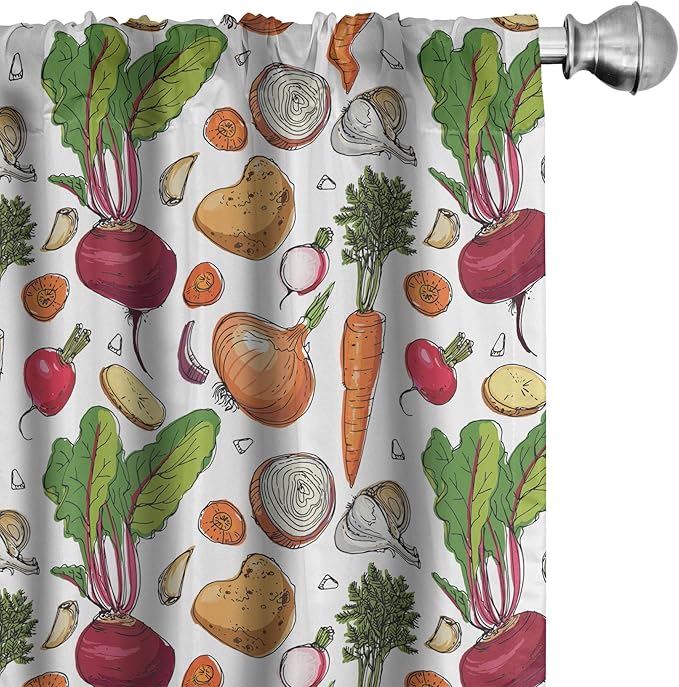 Ambesonne Vegetables 2 Panel Curtain Set, Continuous Pattern of Sketchy Painted Healthy Natural Tasty Food Illustration, Window Treatment Living Room Bedroom Decor, Pair of - 28" x 63", Green Orange