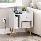 Furinno Claude Side Table, Mid Century End Table with Charging Station, Wooden Legs Night Stand, Bedside Table with USB and Type-C Charging Port, for Living Room, Bedroom, White