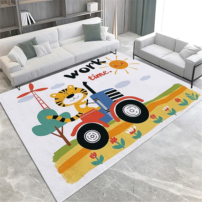 Washable Area Rug 5x8 ft Cartoon Farm Tiger Tractor 3D Print Area Rug for Living Room Bedroom Kids Room Home Decor Carpet, Indoor Non-Slip Floor Rug Mat, Low Pile Rugs