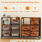 Furnulem 5 Drawer Rustic Brown Dressers for Bedroom 2 Tier Shelf Storage Small Fabric Dresser for Closet Sturdy Metal Frame Modern Style Storage Cabinets Organization Units for Hallway Rooms