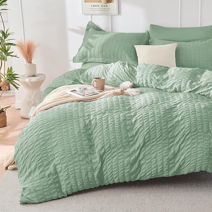 HYMOKEGE Sage Green Full Size Comforter Sets Seersucker 7 Pieces, All Season Luxury Bed in a Bag for Bedroom, Bedding Set with Comforters, Sheets, Pillowcases & Shams