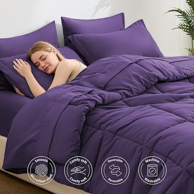 Love's cabin Queen Comforter Set Dark Purple, 7 Pieces Queen Bed in a Bag, All Season Bedding Sets with 1 Comforter, 1 Flat Sheet, 1 Fitted Sheet, 2 Pillowcase and 2 Pillow Sham