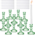 Suclain 24 Pcs Glass Taper Candle Holder Sets 12 Candlestick Holder with 12 White Long Candles for Wedding Party Decor Dinner Decoration(Green)