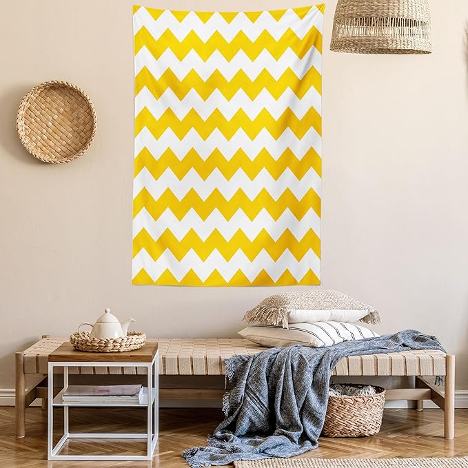 Lunarable Mustard Tapestry Twin Size, Zigzag Pattern Chevron Criss-Crossed Triangle Arrow Style Lines Geometric, Wall Hanging Bedspread Bed Cover Wall Decor, Twin Size, Yellow White