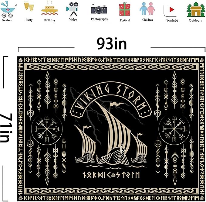OSUNBD Viking Warship Tapestry Wall Hanging - Large 93x71 inches Storm & Celtic Runes on Soft Flannel Aesthetic Mythology Tapestries Norse Mythology Art for Bedroom, Living Room Decor