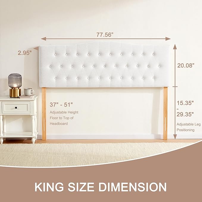 Tufted Upholstered Headboard King Size, Sturdy & Durable Solid Wood Bed headboard, Fabric Headboard Adjustable Height from 37” to 51”, Modern Button Diamond Design Head Board, White
