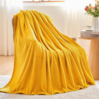 NEWCOSPLAY Super Soft Queen Blanket Mustard Yellow Premium Silky Flannel Fleece Leaves Pattern Lightweight Bed Blanket All Season Use (Mustard Yellow, Queen(90"x90"))