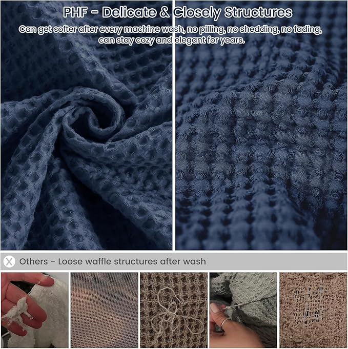 PHF Pre-Washed Cotton Waffle Weave Blanket Throw Size for Bed Couch,Snag Proof Spring Summer Lightweight Breathable,Oeko-TEX Certified,Machine Washable, Home Decor Gift，Dark Navy