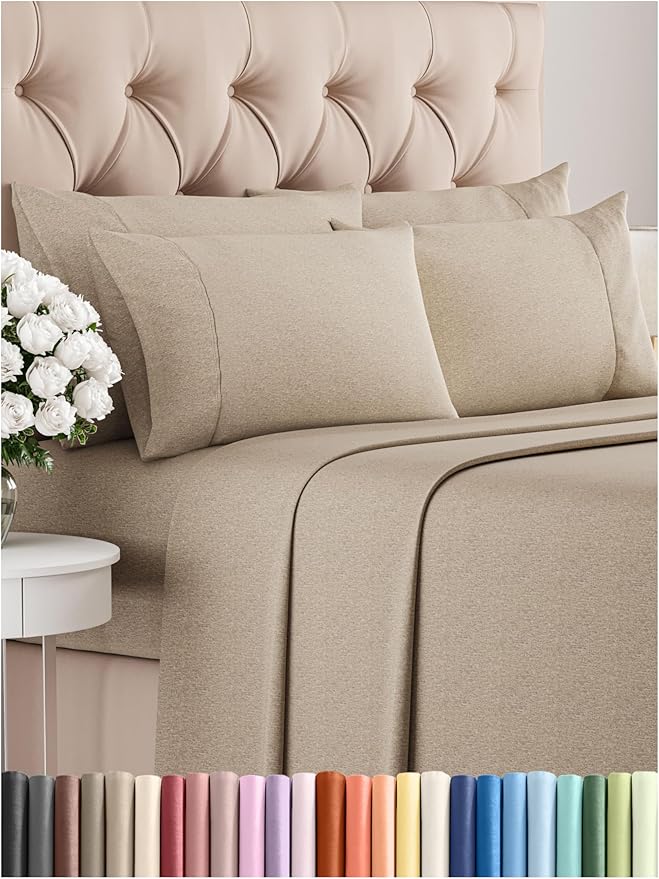 King 6 Piece Sheet Set - Comfy Breathable & Cooling - Soft Hotel Luxury Bedding Set with 8-16 Inch Deep Pockets - 1 Flat & 1 Fitted Sheet & 4 Pillowcases - Wrinkle Free & Easy Care - Heathered Beige