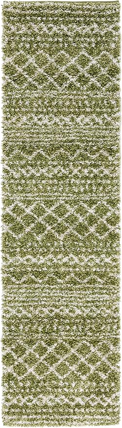 SAFAVIEH Arizona Shag Collection Runner - 2'3" x 12', Green & Ivory, Moroccan Design, Non-Shedding & Easy Care, 1.6-inch Thick, Ideal for The Living Room, Dining, Bedroom (ASG741X)