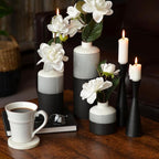 Iconic Dipped Scandinavian Style Bud Vases, Set of 3, Glazed Porcelain, Tonal Shades, Pale Grey, Grey, and Black, Round, 11.5, 7, 4.25 Inches