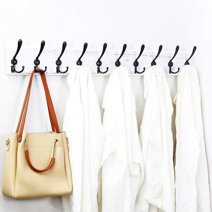 WEBI Coat Rack Wall Mount,38 9/16" Long,10 Hooks,Large Coat Hooks Wall Mounted,Coat Hanger Wall,Wood Hook Rack Rail,Triple Hooks for Hanging Coats,Clothes,Jacket,Black/White