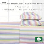 California Design Den Striped Queen Sheet Set - 400 Thread Count Sateen, Natural 100% Cotton Sheet Set Queen Size, Deep Pocket Cooling and Durable Bedding - Rainbow Striped