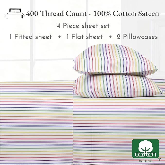 California Design Den Rainbow Striped King Size Sheets Set - Luxury 400 Thread Count Sateen, Natural 100% Cotton Sheets, Deep Pockets, Cooling and Durable Bedding Set - Rainbow Striped