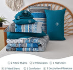 Cottolester Boho Comforter Set Queen Size,8 Pieces Teal Blue Bohemian Striped Bed in a Bag,Paisley Soft Microfiber Bedding Comforter Set