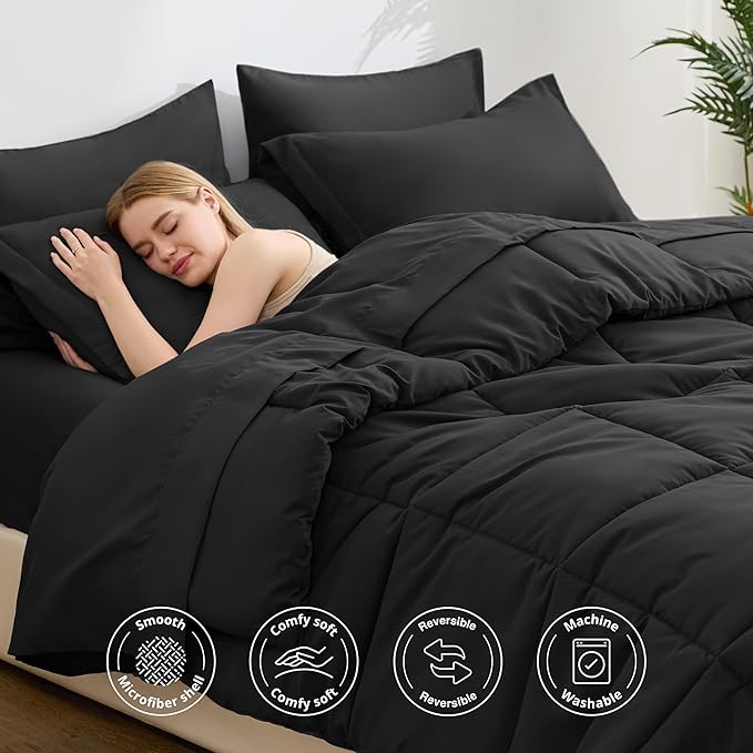 Love's cabin Twin XL Comforter Set Ash Black, 5 Pieces Twin XL Bed in a Bag, All Season Bedding Sets with 1 Comforter, 1 Flat Sheet, 1 Fitted Sheet, 1 Pillowcase and 1 Pillow Sham