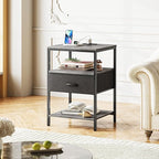 SUPERJARE Night Stand with Charger Station, 27.7 Inch Tall Nightstand with Adjustable Fabric Drawer, Bed Side Table, Fabric Drawer Dresser for Bedroom, Living Room, Charcoal Gray and Black