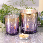 Volens 12pcs Assorted Purple Votive Candle Holders, Large Speckles Mercury Glass Votive & Tealight Candle Holder Bulk for Wedding Table Centerpiece, Purple and Gold Themed Party Decorations