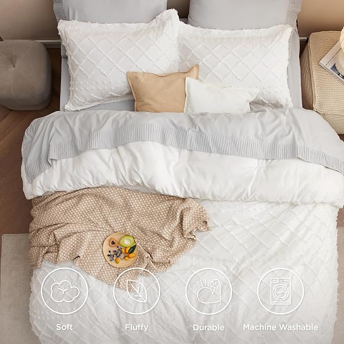 Bedsure Oversized King Comforter Set - Ivory Comforter, Boho Tufted Shabby Chic Bedding, 3 Pieces Vintage Farmhouse Bed Set for All Seasons, Fluffy Soft Bedding with 2 Pillow Shams