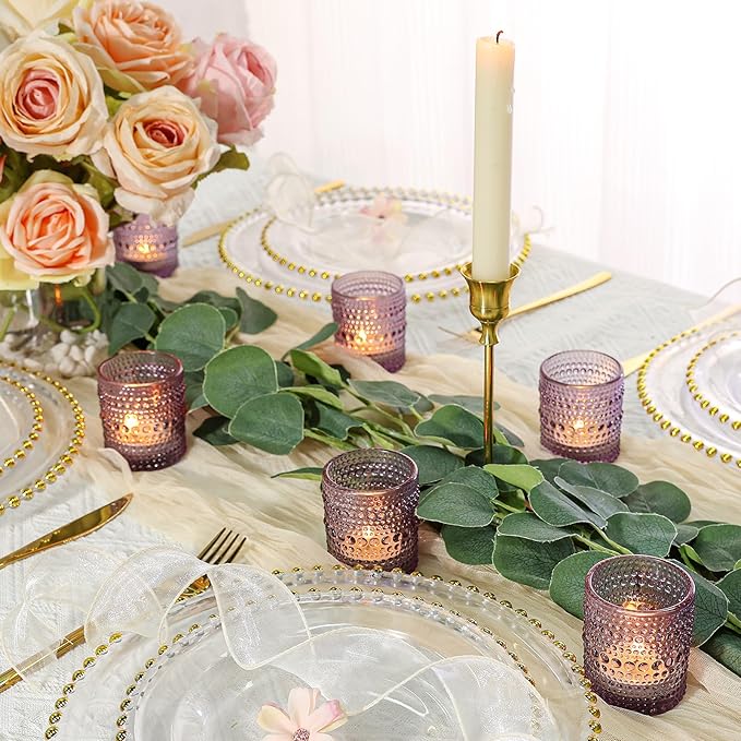 24 Pcs Votive Candle Holders, Purple Glass Holders Bulk for Table Centerpiece, Tea Lights Candle Holders for Wedding Shower, Party and Home Decor