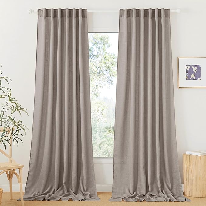 RYB HOME Linen Curtains for Bedroom - Light Airy Semi Sheer Curtains Large Window Decor for Living Room Sun Room Sliding Glass Door, Birch Brown, 52 inch Wide x 102 inch Long, 1 Pair