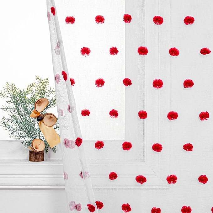MYSKY HOME 95 Inch Long Christmas Curtains for Living Room Sliding Door Red Pom Pom White Shher Curtains for Bedroom Large Window Panels Dining Room Rod Pocket Privacy Protect 2 Sets 52" x 95"